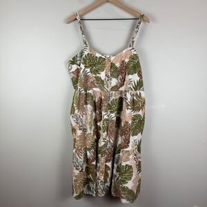 Beach Lunch Lounge Dress Womens XL Tropical Palm Leaf Braided Strap Button Front